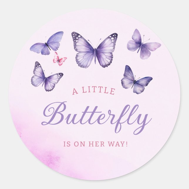 A Little Butterfly purple Girl Baby Shower Classic Round Sticker (Front)