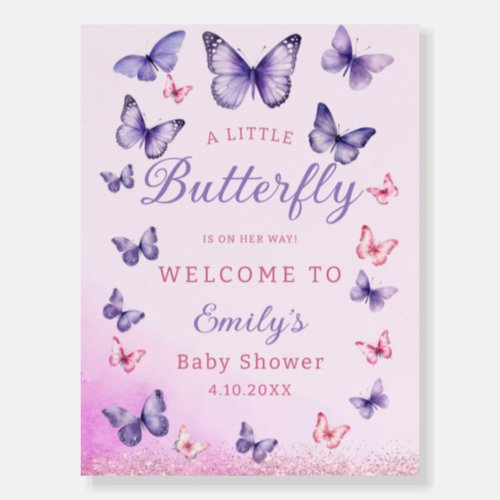 A Little Butterfly purple Girl Baby Shower Welcome Foam Board