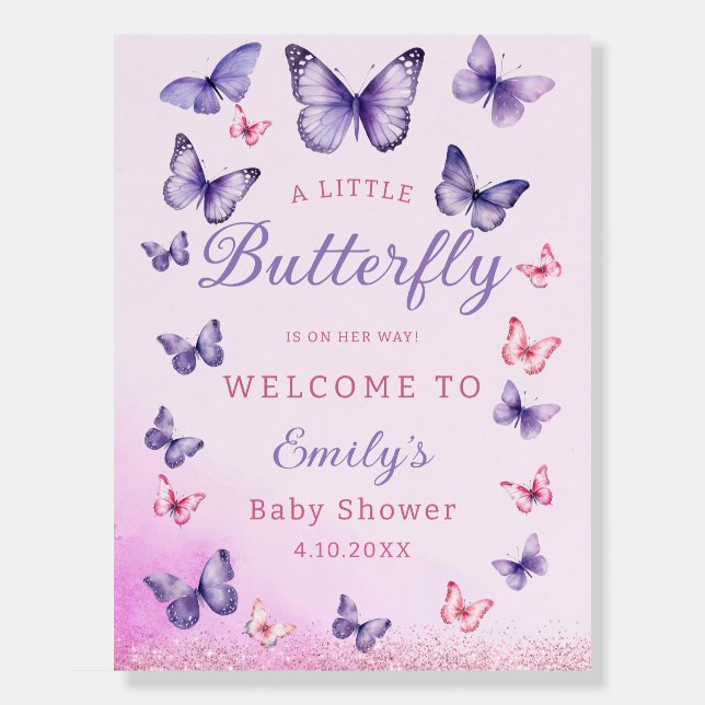 A Little Butterfly purple Girl Baby Shower Welcome Foam Board (Front)