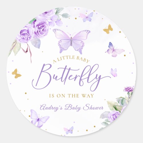 A Little Butterfly Purple Gold Floral Baby Shower Classic Round Sticker