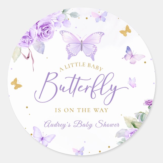 A Little Butterfly Purple Gold Floral Baby Shower Classic Round Sticker (Front)