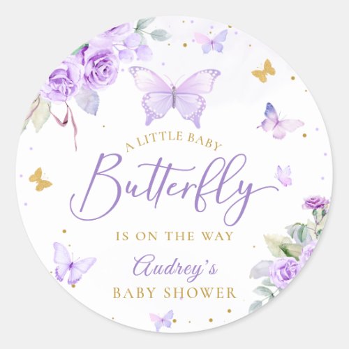 A Little Butterfly Purple Gold Floral Baby Shower Classic Round Sticker