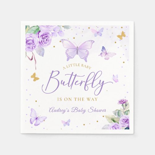 A Little Butterfly Purple Gold Floral Baby Shower Napkins