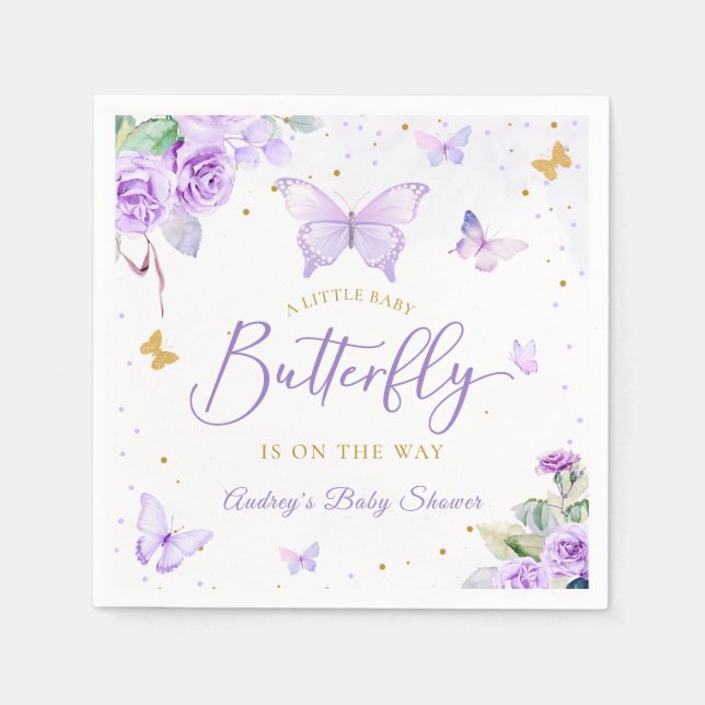 A Little Butterfly Purple Gold Floral Baby Shower Napkins (Front)