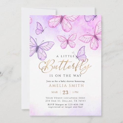 A Little Butterfly Purple  pink girl Baby Shower  Invitation