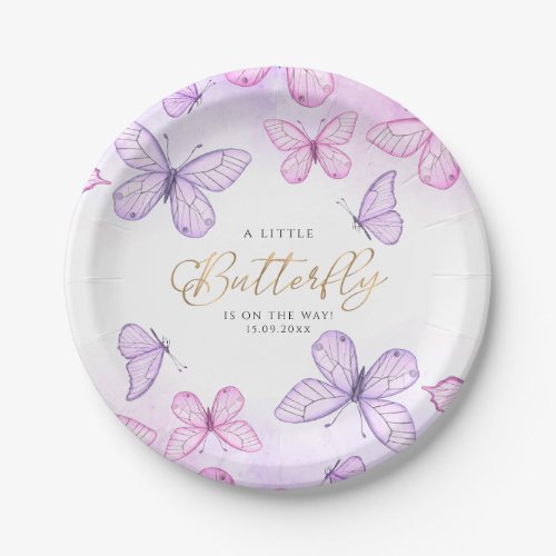 A Little Butterfly Purple  pink girl Baby Shower Paper Plates