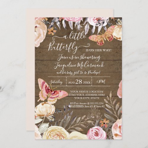 A Little Butterfly Rustic Watercolor Floral Baby Invitation