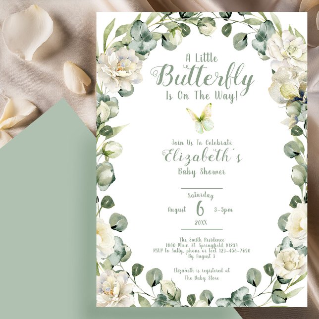 A Little Butterfly Sage Green Baby Shower Invitation (Creator Uploaded)
