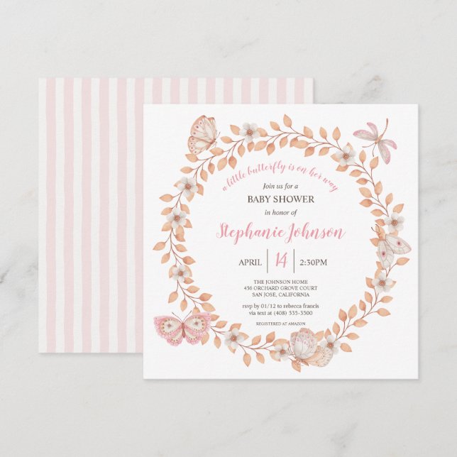 A Little Butterfly Soft Boho Peach Baby Shower Invitation (Front/Back)