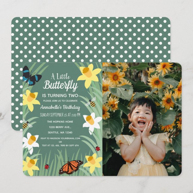 A Little Butterfly Spring Birthday Photo Invitation (Front/Back)