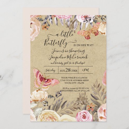 A Little Butterfly Watercolor Blush Floral Baby Invitation