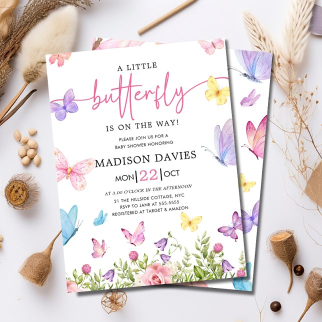 A Little Butterfly Watercolor Floral Baby Shower Invitation (Creator Uploaded)