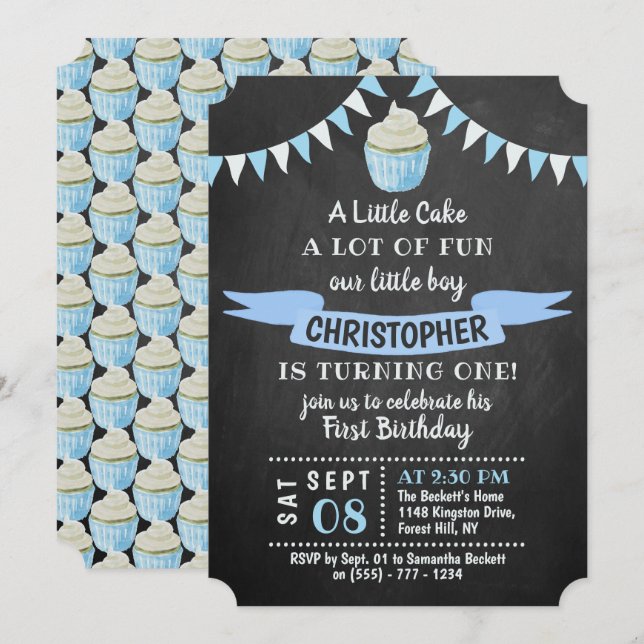 A Little Cake Chalkboard 1st Birthday Invitations (Front/Back)
