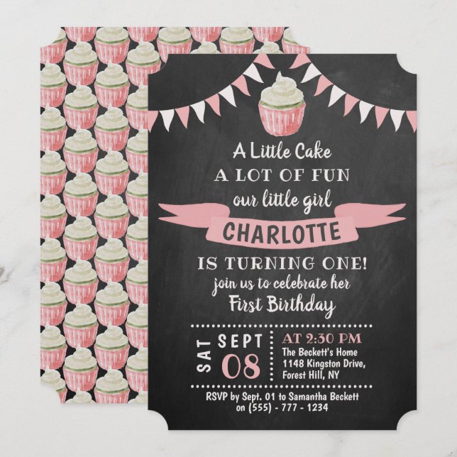 A Little Cake Chalkboard 1st Birthday Invitations (Front/Back)