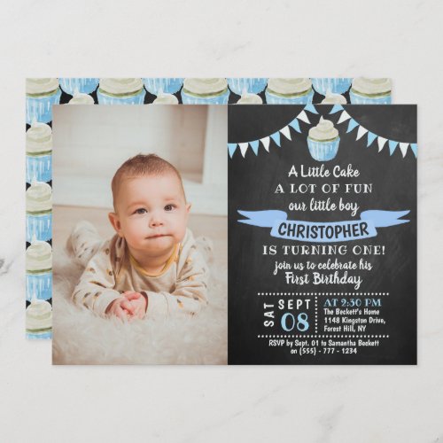 A Little Cake Chalkboard Photo 1st Birthday Invitation