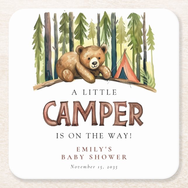 A Little Camper Forest Baby Shower Square Paper Coaster (Front)