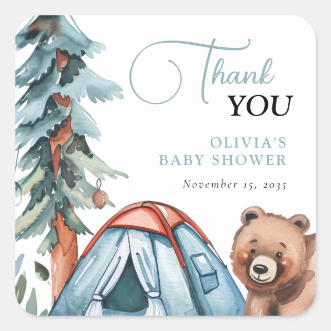 A Little Camper Forest Baby Shower Square Sticker (Front)