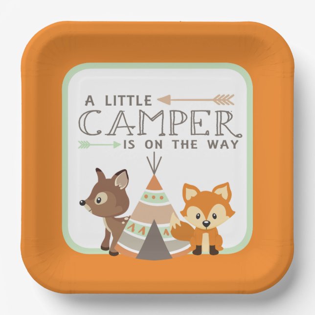 A Little Camper Teepee Baby Shower Orange Paper Plates (Front)