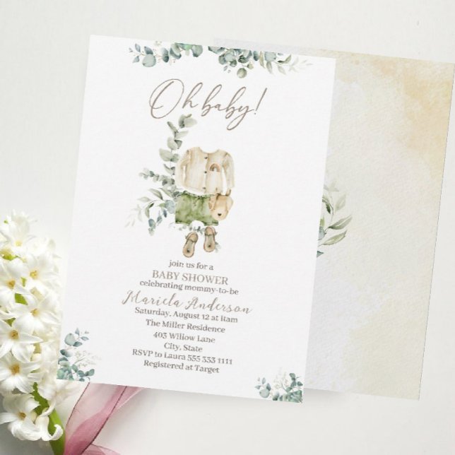A little cloths baby and eucalyptus watercolor Bab Invitation (Creator Uploaded)