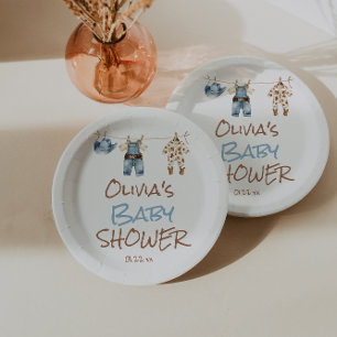 A little Cowboy Blue Brown Clothesline Baby Shower Paper Plates