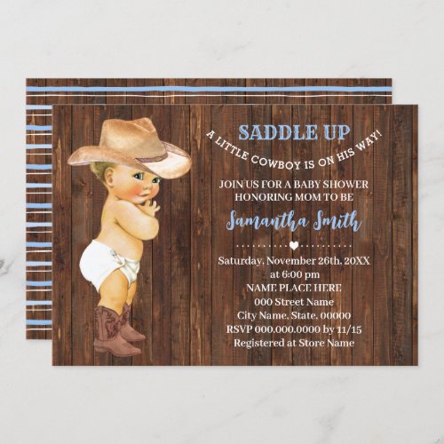 A Little Cowboy in on His Way Blue Baby Shower Invitation