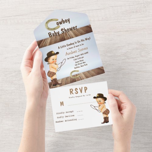 A Little Cowboy Is On His Way Baby Shower All In One Invitation