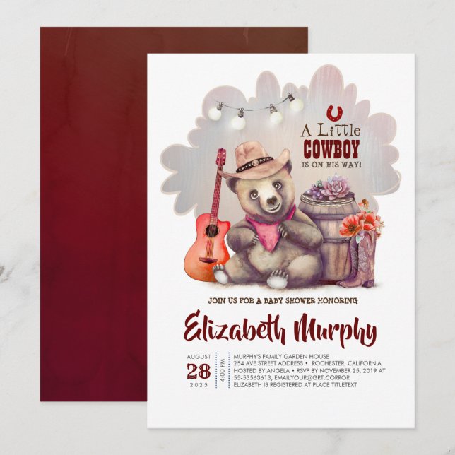 A Little Cowboy Is On His Way Bear Baby Shower Invitation (Front/Back)