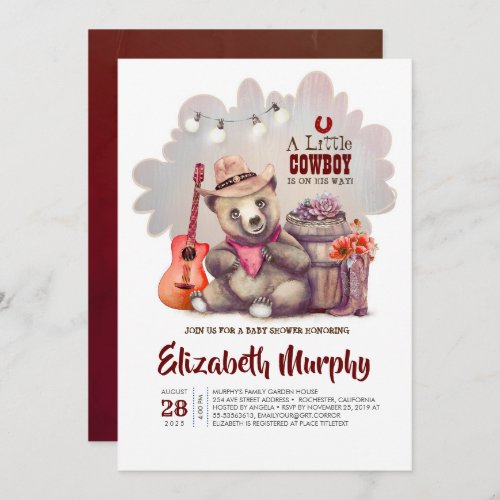A Little Cowboy Is On His Way Bear Baby Shower Invitation