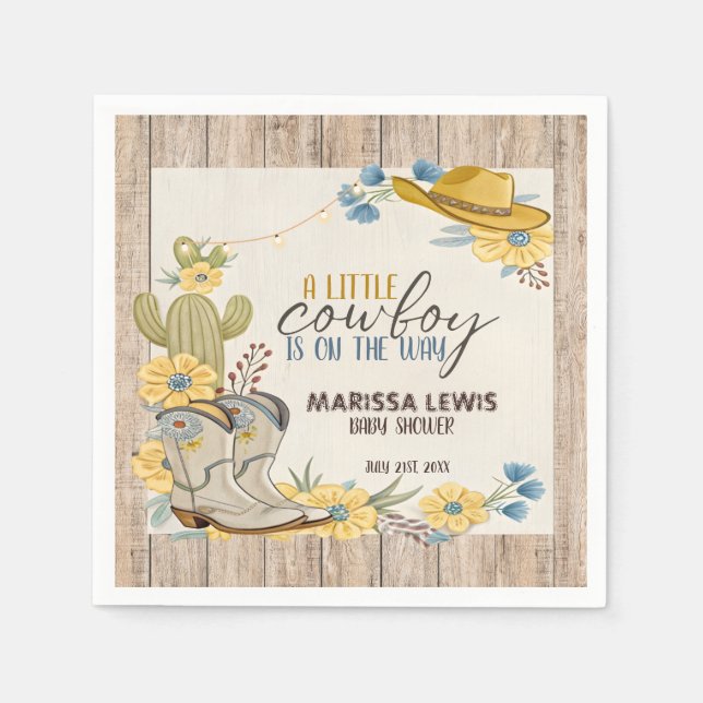 A Little Cowboy Is On His Way Bleu Yellow Western  Napkins (Front)