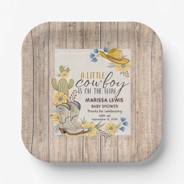 A Little Cowboy Is On His Way Bleu Yellow Western  Paper Plates (Front)