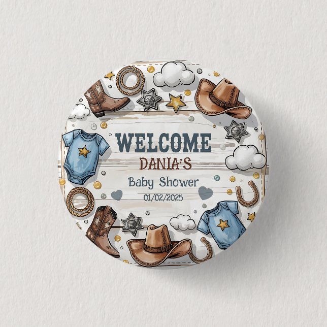 A Little Cowboy Is on the Way Baby Shower Button (Front)
