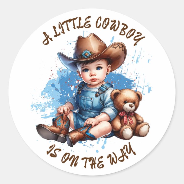 A Little Cowboy is on the Way | Baby Shower Classic Round Sticker (Front)