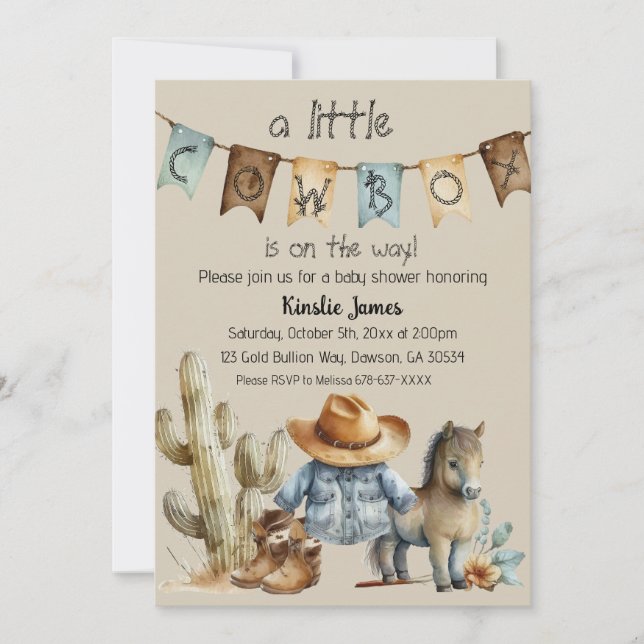 A Little Cowboy is on the Way Baby Shower Invite (Front)