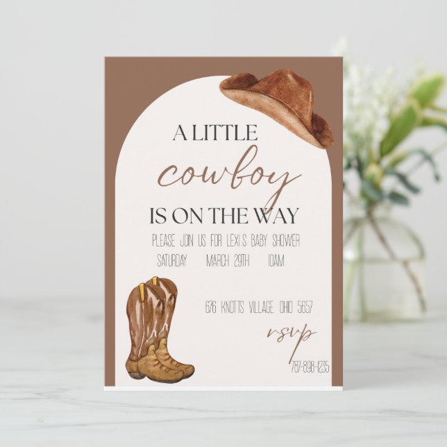 A little cowboy is on the way baby shower invites  (Standing Front)