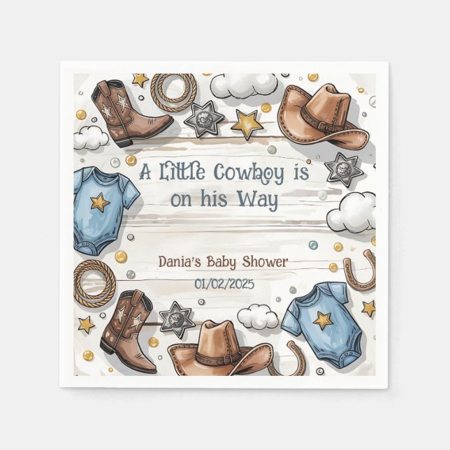 A Little Cowboy Is on the Way Baby Shower  Napkins (Front)