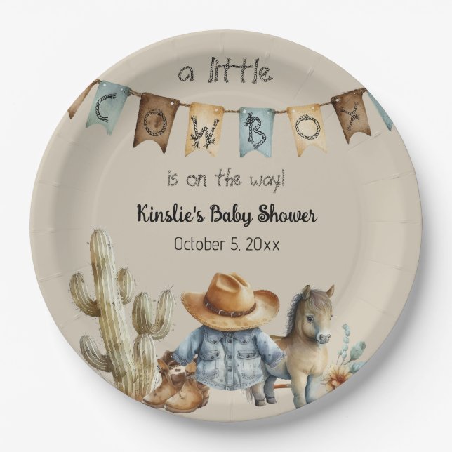 A Little Cowboy is on the Way Baby Shower Napkins Paper Plates (Front)