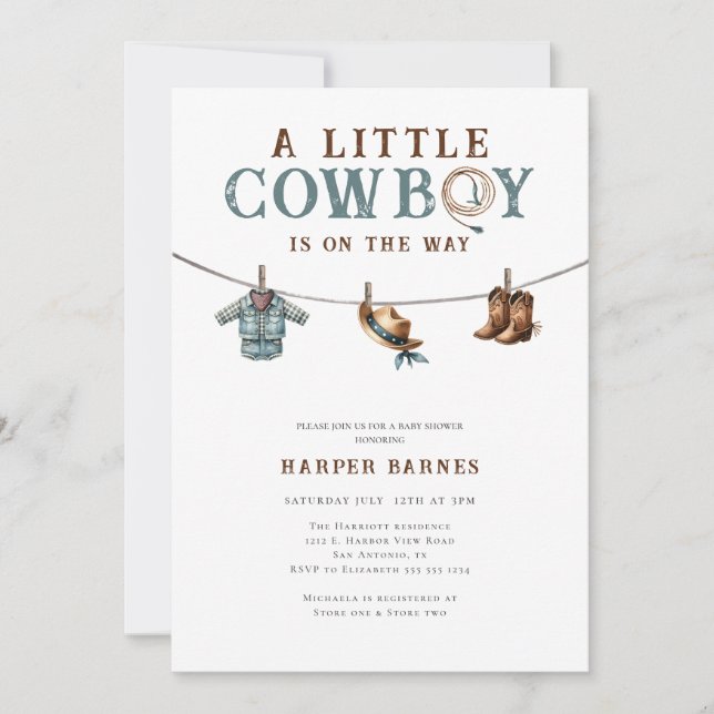 A Little Cowboy is on the Way Boy Baby Shower Invitation (Front)