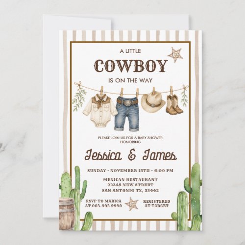 A Little Cowboy is on the Way Stripe Baby shower Invitation