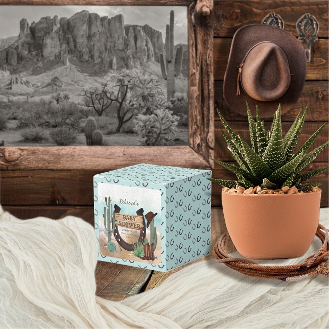 A Little Cowboy Western Boy Baby Shower Favor Boxes (Rustic Western Boy Baby Shower Square Favor Box -- "A Little Cowboy Is On His Way" Collection)
