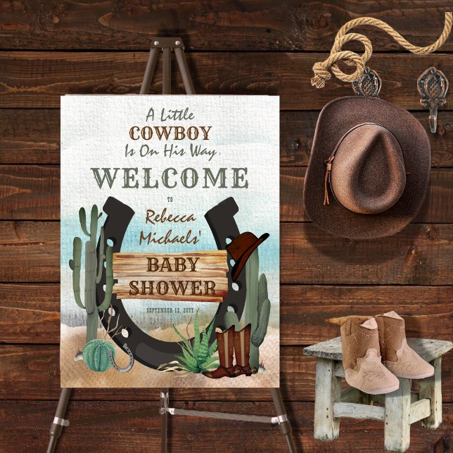 A Little Cowboy Western Boy Baby Shower Foam Board ("A Little Cowboy Is On His Way" Rustic Western Horseshoe Desert Scene Boy Baby Shower Foam Core Sign)