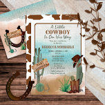 A Little Cowboy Western Boy Baby Shower Invitation<br><div class="desc">"A Little Cowboy Is On His Way" and we know you are so excited! Celebrate the Mom (or Parents) to Be in rustic western cow poke style with this boy "Baby Shower" design. Features a watercolor sand base with assorted cacti, a horseshoe, boots and cowboy hat along with a rustic...</div>