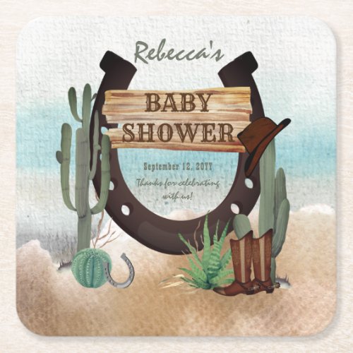 A Little Cowboy Western Boy Baby Shower Square Paper Coaster