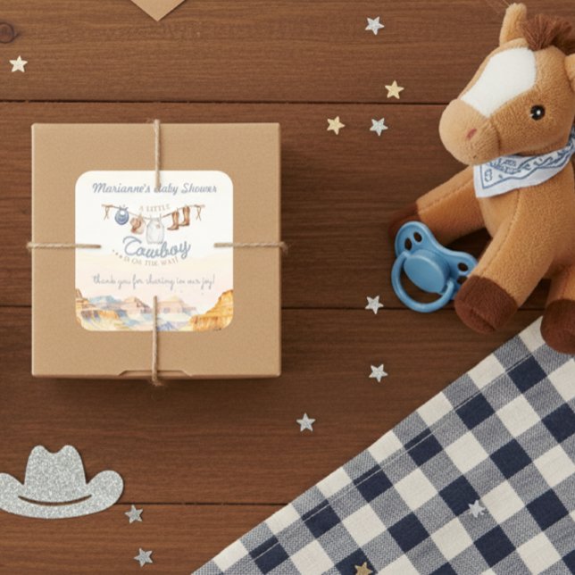 A Little Cowboy Western Canyon Baby Shower Square Sticker (Creator Uploaded)