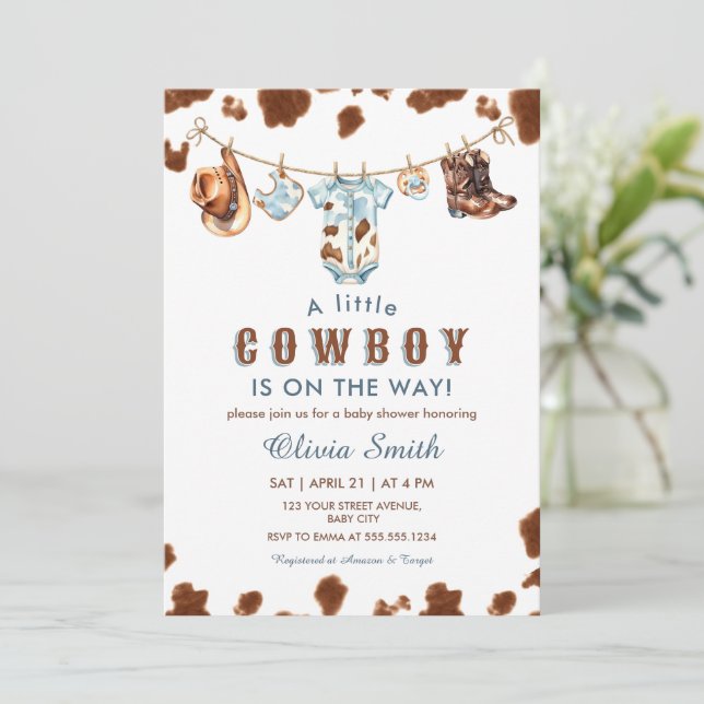 A Little Cowboy Western Clothesline Baby Shower Invitation (Standing Front)