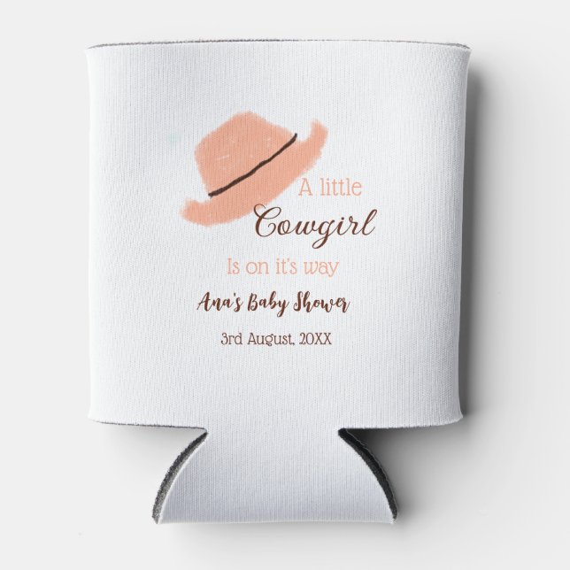 A little cowgirl is on it's way orange baby shower can cooler (Front)