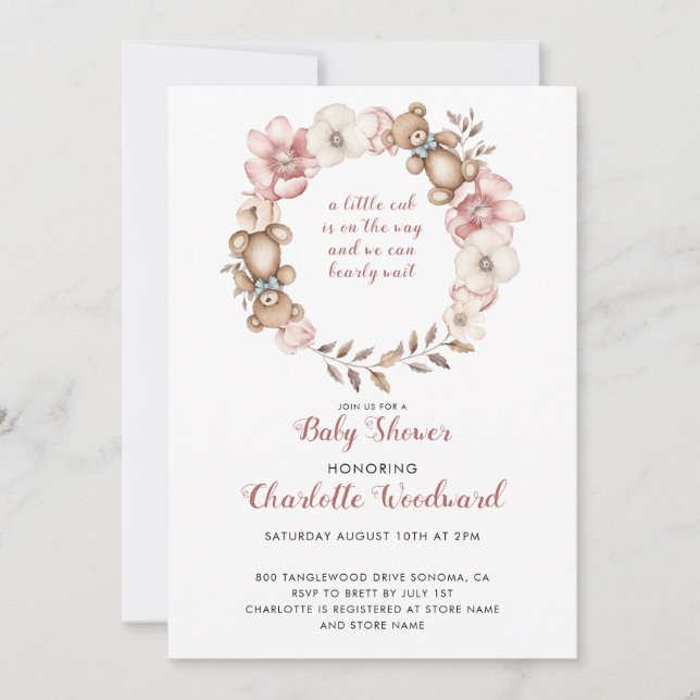 A Little Cub Is On The Way Girl Baby Shower  Invitation (Front)