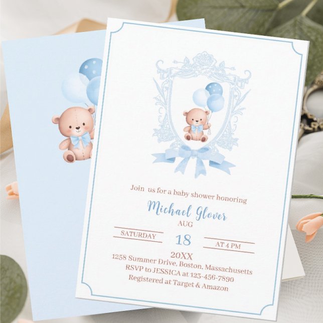 A Little cute bearly baby shower blue crests water Invitation (Creator Uploaded)
