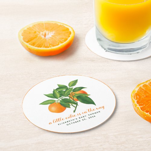 A Little Cutie Baby Shower Orange  Citrus Leaves Round Paper Coaster