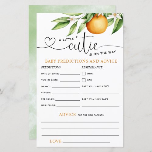A Little Cutie Baby Shower Predictions Advice - A soon-to-be mom will love this watercolor oranges theme. 