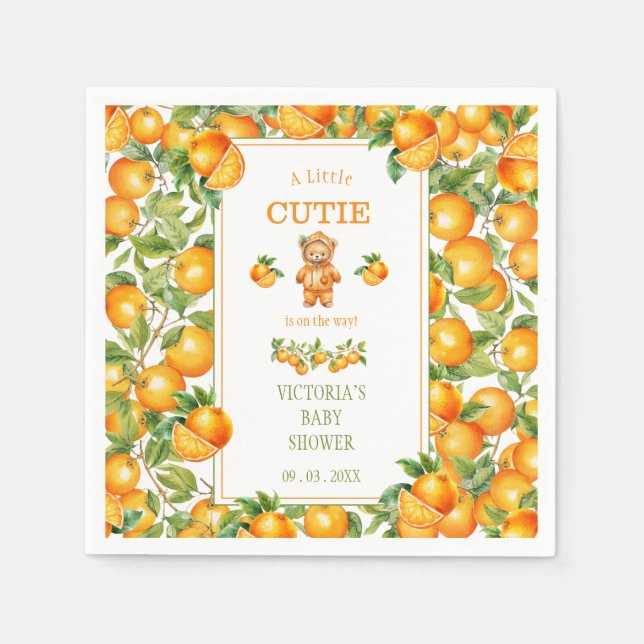A Little Cutie Bear Orange Baby Shower Napkins (Front)